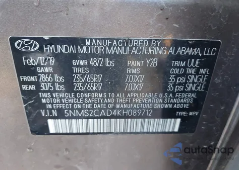 2019 Hyundai Santa Fe Se from USA, damaged, VIN 5NMS2CAD4KH089712
